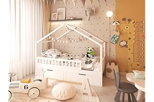 FurnitureHMD Wooden Childrens House Bed with 2 Storage Drawers, Solid Pine Wood, Protective Guardrail, Smoth Caster Wheels