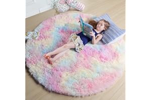 Amdrebio Rainbow Fluffy Rugs for Bedroom 4ft,Unicorn Room Decor,Pastel Round Rug for , Shag Carpet for Nursery, Soft Play Mat for Baby, Fuzzy Area Rug for Living Room, Plush Rug for Playroom