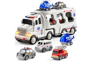 BLmukce 5 in 1 Ambulance Toddler Truck Toys for 3 4 5 6 Year Old Boys, Friction Powered Cars with Helicopter, Police Car, Fire Engine, Ambulance, Birthday Gifts for Girls Age 3-9