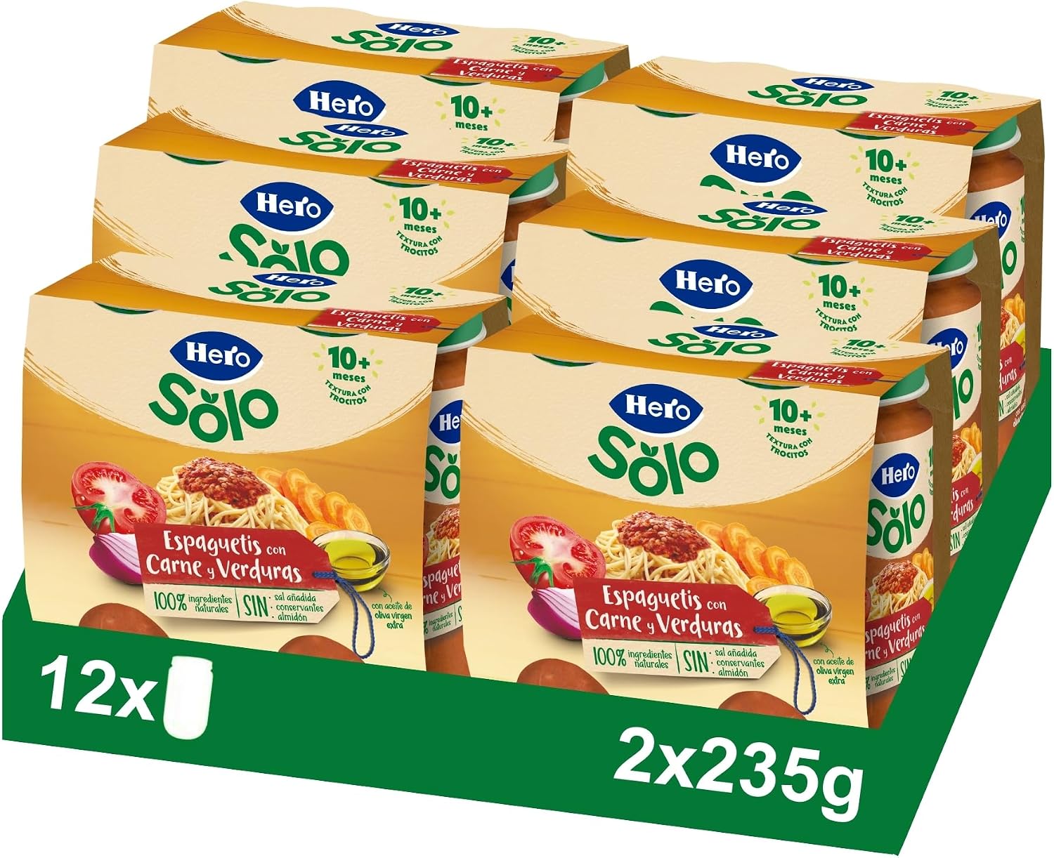 Hero Baby - Tarritos de Trocitos de Espaguetis con Carne y Verduras, Alimento Infantil en Tarritos para Bebés a Partir de 10 Meses, Sin Aceite de Palma y Almidón - 12 x 235 g