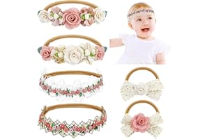 Dizila 6 Pieces Super Soft Stretchy Beige Dusty Pink White Baby Girl Flower Nylon Headbands Lace Floral Bow Headbands Hair Accessories for Newborns Infants Toddlers Girls Kids