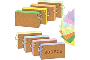 MOBYKE A7 Flash Card, 8 Pack 800 Pcs Revision Cards Index Cards Ruled Flashcards Multicolor Kraft Paper Notecards Cue Cards with 9 Metal Binder Rings for Office School Home Study Record