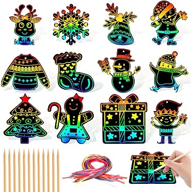 Weihnachts-Kratzpapier Set – 96 Magische Ornamente Zum DIY-Basteln (mit Holzstäbchen & Bändern)