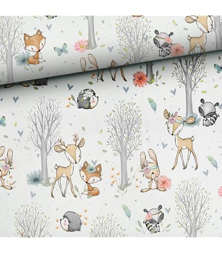 Tessuto in 100% cotone per bambini, vendita al metro, per lavori di cucito artigianali (cervo, volpe, procione, albero di capriolo, 300 x 160 cm