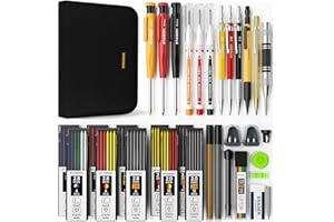 STAGEEK 34 Pack Carpenter Pencil Set with Sharpener, Mechanical Carpenter Pencils with Deep Hole Long-Nib Marker Pens, Carbide Scribe Tool & Construction Pencils for Architect Woodworking with Case