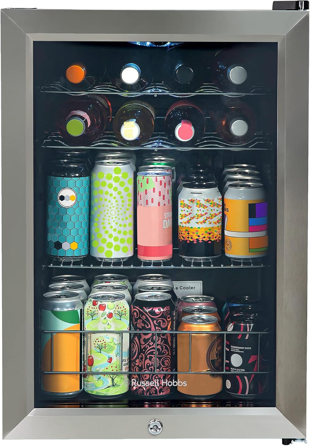 Russell Hobbs Mini Fridge 20 Bottle/62L Lockable Freestanding Stainless Steel Table Top Mini Beer & Wine Fridge, LED Light & Lock and Key with Glass Door RHGWC4SS-LCK