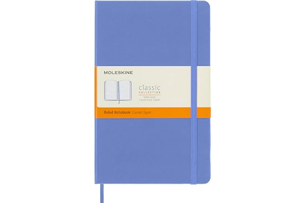 Moleskine - Carnet Classique Ligné, Couverture Rigide et Fermeture Elastique, Format Large 13 x 21 cm, Couleur Bleu Hortensia, 240 Pages