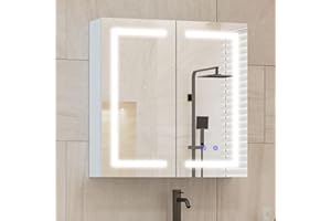 JOOLIHOME LIVING Bathroom Mirror Cabinets with Lights,600x600mm Wall Mounted Bathroom Cabinets with Mirror,LED Mirror Cabinet with Shaver Socket,Anti Fog,3 Colors Light & Adjustable Shelves,Touch Sensor