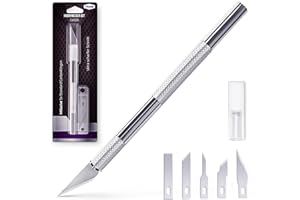 Filzada® Scalpel avec 5 lames de rechange (différentes formes) - cutter de précision/couteau modelisme en argent pour couper du papier, des modèles, du film de fenêtre, du fondant, des tissus, etc.