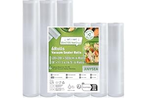 Anysea Bolsas Vacio Alimentos 6 Rollos：Rollos Envasadora al Vacio 20/28 x 500cm, Bolsas Envasar al Vacio Alimentos para Envasadora Sellador de Vacío
