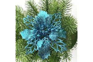 GLITZFAS 12 Stück Glitter Weihnachtsbaum Dekoration, Weihnachtsbaumschmuck Ornament Weihnachten Blumen Dekor, Christbaumanhänger (Blau,9 cm)