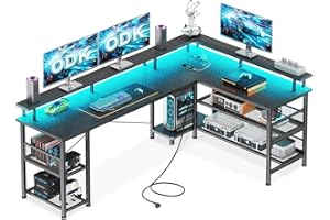 ODK Mesa Gaming con LED, 168×120cm Escritorio Gaming Reversible con 2 Enchufes y 2 Puertos USB, Escritorio Esquinero Grande con Estante de Malla, Fibra de Carbono Negra