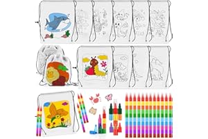 Tigvio Stoffbeutel zum Bemalen für Kinder, 12 Stück Einziehbarer Taschen zum Bemalen für Kinder und Stapelbare Wachsmalstifte(10 Farben in 1) Beutel zum Bemalen Tasche für Mitgebsel Kindergeburtstag