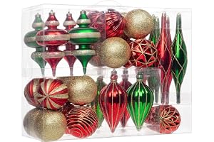 Hollyone set med 32 stycken julgranskulor, okrossbara juldekorationer i plast, olika julgranskulor, hängande ornament för jul
