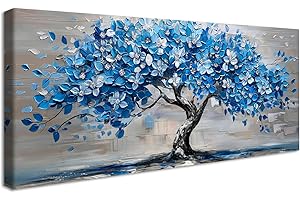 HALFLEMART Marco de Madera Grandes Cuadros Decoracion Salon Modernos Árbol de la Vida Pintura Azul Flor Árbol Lienzo Decorativos Azul Marino Estética Neutra Imagen Cuadros Decorativos Salon Dormitorio 50x120cm