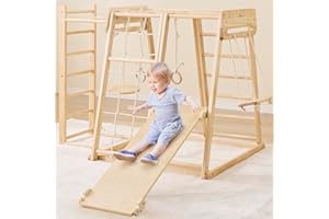 Belleur 8 In 1 Large Indoor Jungle Gym, Wooden Montessori Indoor Playground for Kids with Slide, Climbing Wall/Net, Rope Ladder, Monkey Bars, Swing, Hanging Ring, Climbing Toy for Toddler 2-8 Inside