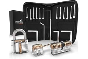 Juego de ganzúas Lichtenwerk® XXL con instrucciones ilustradas, 24 piezas con 3 cerraduras transparentes para que practiquen los principiantes y los profesionales, negro
