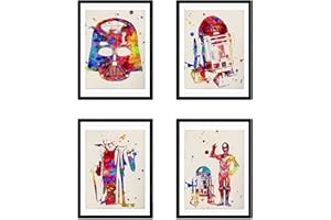 Nacnic - Set 4 Feuilles Décoratives Style Aquarelle Star Wars R2D2 Yoda C3PO Dark Vador Affiches Star Wars Déco Maison Geek et Peintures Originales