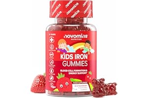 Gummies Fer Enfant – 2,5 mg Fer + Vitamine C 12 mg – Immunité, Croissance, Fatigue – Vegan, Sans Gluten, Sans Gélatine – 30 Gommes Goût Fraise – Complément Mâchable – Novomins