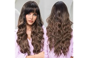 EMMOR Perruques Ombré Marron pour Femmes Perruque Longue et Bouclée avec Frange en Fibres Synthétiques Résistantes à la Chaleur Perruques Quotidiennes d'Aspect Naturel