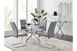 Furniturebox UK Dining Set - Novara Round Dining Table and Lorenzo Chairs Set Of 4 - Modern Dining Table Silver Chrome Legs, Table with 4 Dining Chairs (Glass Dining Table + 4 Grey Chairs)