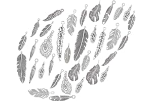 SUNNYCLUE 1 boîte 56 pièces Tibétain 14 Styles Plume Breloques Pendentif pour Bricolage Porte-Clés Chandail Chaîne Bracelet Collier Boucle d'oreille Accessoires Fabrication de Bijoux, Argent Antique