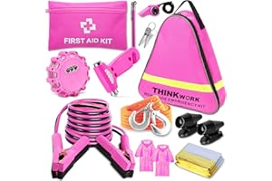 THINKWORK Car Emergency Kit for Teen Girls and Lady's Gifts, Pink Emergency Roadside Assistance Kit with 10FT Jumper, First Aid Kit, LED Flare, Deer Whistles, and More Ideal Pink Accessories Tool