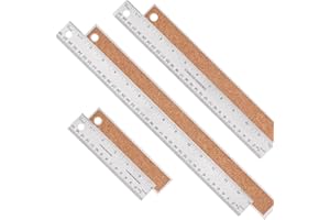 GUKASXI 3 Pezzi Righello in Acciaio INOX Posteriori in Sughero Righello Metallo Riga in Acciaio 15 cm, 30 cm, 38 cm con Pollici e Graduazioni Metriche per Ufficio Insegnamento Ingegneria Legno