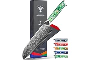 SANMUZUO Damas Couteau de Santoku avec Lame 18 cm Professionnel Couteau de Cuisine en Japonais VG-10 67 Couche Damas Acier avec Poignée en résine(Vert Jade) - Xuan Série