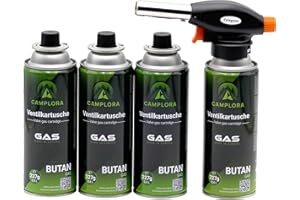 CAMPLORA Quemador de gas + 4 cartuchos de gas MSF-1a de 227 g – Encendido piezoeléctrico – 1 kW – Soplete de soldadura Bunsenbrenner cocina y taller, accesorio de quemador de flambeo quemador de gas