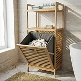 Deconox Doğal Bambu 2 Katlı Banyo Rafı ve &Ccedil;amaşır Sepeti (40x30x95 cm) - A&ccedil;ık Raflı Ahşap D&uuml;zenleyici Kirli Sepeti Dolabı