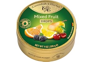 ‎CAVENDISH & HARVEY Cavendish & Harvey Mixed Fruit Drops 200g Dose | Zitrone, Kirsche, Brombeere, Orange und Birne | Mit echtem natürlichen Fruchtsaft | Vegan, Halal, Koscher | 1 x 200g