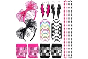 Kulannder Mujeres 80s Pulsera de Encaje de Neón Pendientes Fishnet Guantes Collar Pulsera para Moda Retro 80s Fiesta Traje Accesorios Set Damas y Niñas