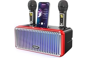 DLARA Machine de karaoké pour Adultes et Enfants, Haut-Parleur Bluetooth Portable avec 2 microphones sans Fil UHF, système d'enceintes de karaoké avec lumières LED colorées dégradées -Noir