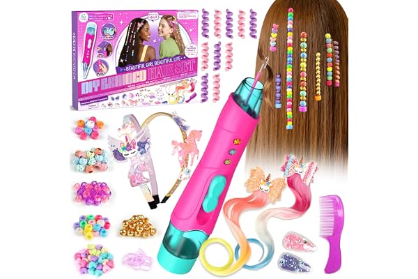 Fozcmisw Cadeau Fille 5 6 7 8 9 10 Ans, Jouet Fille 6 Ans Kit Accessoires Cheveux DIY avec Machine à Tresser, Perles Cheveux, Serre-Tête Licorne - Jeux Créatif Cadeau Anniversaire Fille