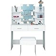 AWOOOD White Dressing Table,Dressing Tables with Lights & Mirror,Vanity Makeup Table Set with 2 Large Drawers & Stool for Girls