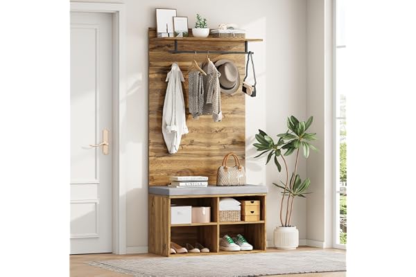 175 cm högt garderobset i träutseende med vadderad skobänk, justerbar hylla, klädstång och krok – platsbesparande hallmöbel (84 x 35 x 175 cm) för ordning vid entrén