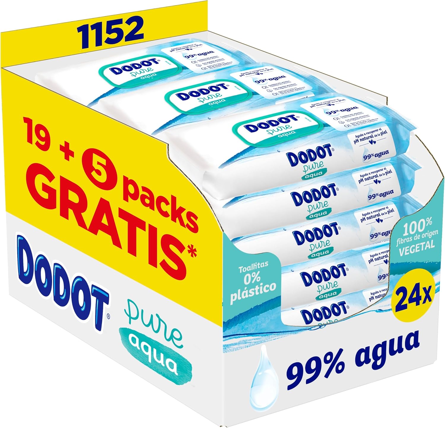 Dodot Toallitas Pure Aqua Para Bebé,1152 Toallitas (24 Packs de 48 Unidades),Ayuda A Restaurar El PH Natural De La Piel, 99% Agua, Sin plástico