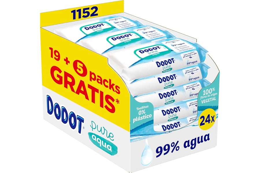Dodot Toallitas Pure Aqua Para Bebé,1152 Toallitas (24 Packs de 48 Unidades),Ayuda A Restaurar El PH Natural De La Piel, 99% 