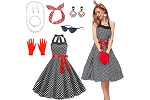 JONRRYIN Robe Année 50 Femme, Tenue Robe Guinguette Femme année 50, Accessoires Rockabilly Femme avec Gant Boucle Oreille Bandeau Chat Lunettes Colliers, Costume Annee 50 Femme pour Carnaval