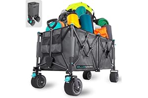 Bluemars Collapsible Garden Wagon, Max Load Capacity 150kg 260L,All Terrain Wheels, Folding Festival, Shopping, Camping, Picnic Cart, Heavy Duty Trolley w/Brake,Removable Fabric,Hard Carbon Steel