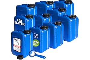 plasteo® 10 bidones de 5 litros con cierre de seguridad (DIN 51), llave bidón DUO 51/61, apto para alimentos, portátil, apilable y estable, calidad pesada, interior y exterior, sin BPA, color azul