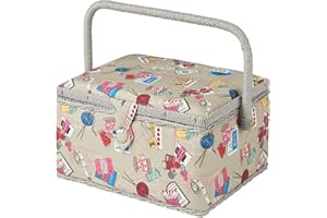 SEWING ONLINE Medium Grey Notions Sewing Box, Contemporary Multi-coloured Pattern Fabric, 18.5 x 26 x 15cm