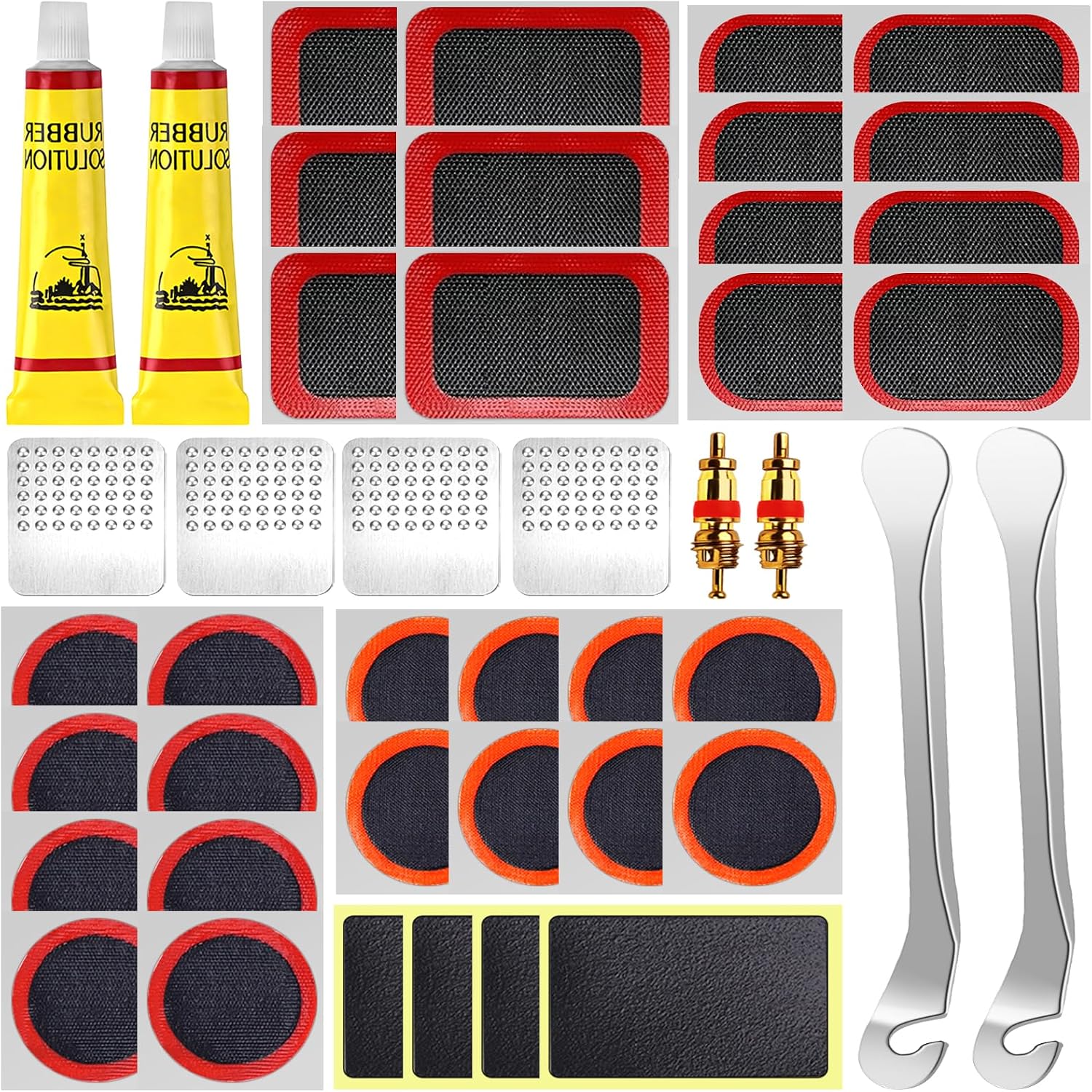 GMUFTIR Parches Bicicleta, 44 Piezas Kit Repara Pinchazos Bicicleta con Parches Bicicleta Autoadhesivo, Palanca para Neumáticos, Caja de Accesorios, para Cámaras de Bicicleta, Moto, MTB
