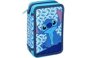 CLONDO Trousse Scolaire Complète 44 Pièces pour Fan de Stitch – Kit Créatif Triple Compartiment avec Feutres, Crayons, Règle – Idée Cadeau Garçon et Fille Bleue