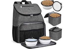 BAGLHER丨Dog Travel Bag, Airline Approved Pet Supplies Backpack, Dog Travel Backpack Accessories Set with 2 Silicone Collapsible Bowls and 2 Food Baskets, Gray