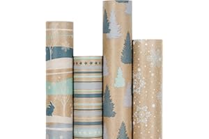 RUSPEPA Papel de Regalo Navideño, Papel Kraft - Diseño Azul de Rudolf, Rayas Y Copos de Nieve - 4 Rollos - 76 cm X 305 cm Por Rollo