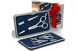 Suvorna Premium Beard and Mustache Scissors set/Kit (4pcs). 5.5" Precision Cut Beard & Mustache, Ears & Nose and Eyebrow Scissors along Slant Tweezers. Comes with! (Dark Blue)