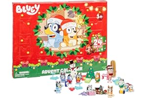 BlueY Calendrier de l'avent avec 4 Mini Figurines de, Bingo, Muffin et Socks, 12 Accessoires supplémentaires, 3 Silhouettes en Papier et 5 Autocollants à découvrir dans 24 Cases