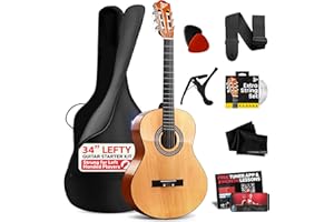 Pyle Akustikgitarre für Linkshänder, 1/2 Junior-Größe, aus Holz, Nylonsaiteninstrument mit Kapodaster, Gurt, extra Saiten-Set, Gigbag, Gitarren für Anfänger, Erwachsene, Jugendliche, 86,4 cm